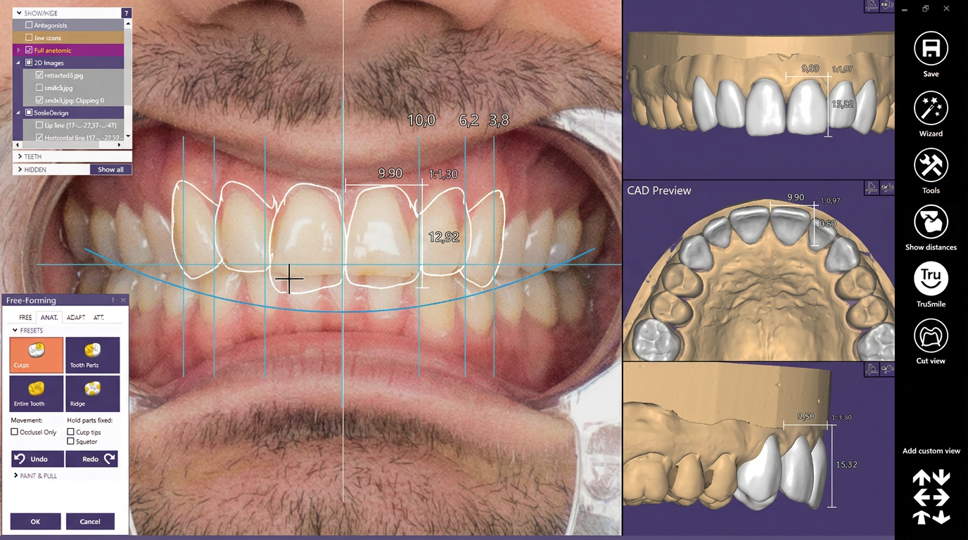 Digital smile design interface overlaying proposed veneers on a patient photograph