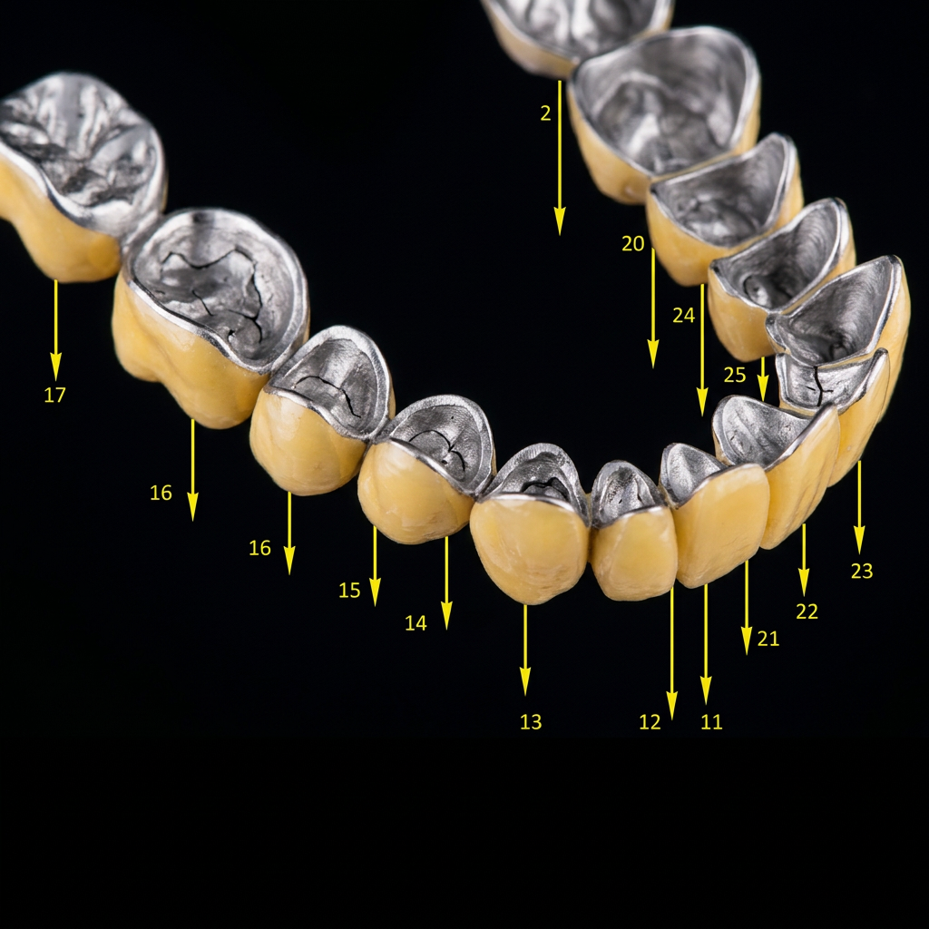Ceramic bridge and implant abutments on a dental model