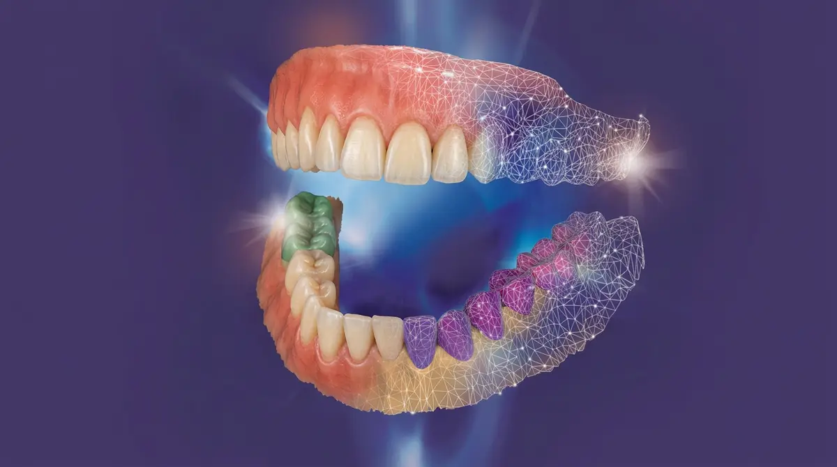 ExoCAD full arch rendering with wireframe overlay