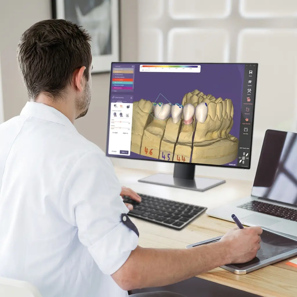 Dentist-designer designing a dental bridge on CAD software